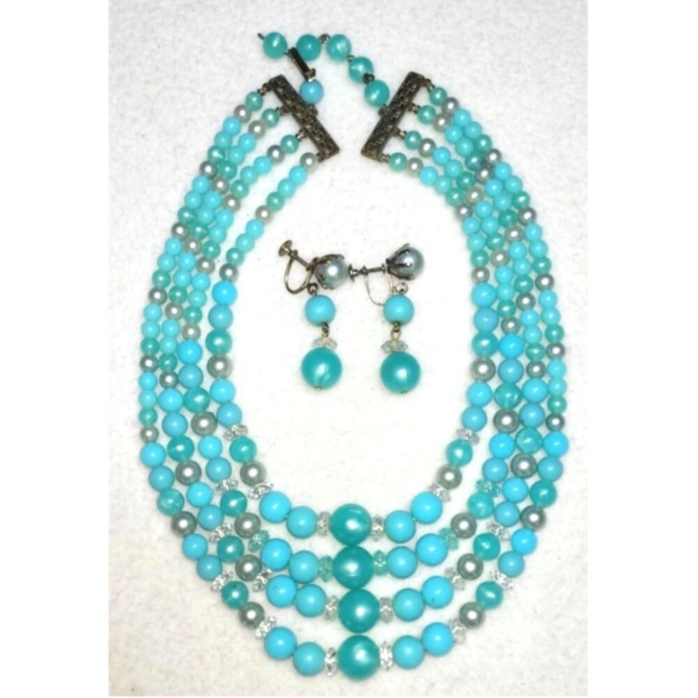Vintage MCM 4 Strand Turquoise Faux Lucite Bead Necklace Screwback Earrings Set